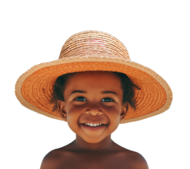 Isolated portrait of toddler at the beach smiling and wearing a sunhat. Silhouette headshot of african american child. Summer beach day and sun protection.