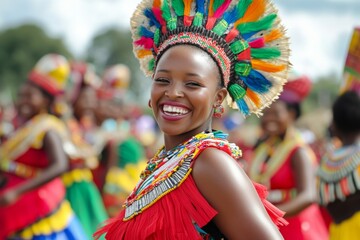 Fototapeta premium vibrant Somhlolo Day celebration, woman in traditional Swazi attire, cultural dance, and festive decorations, with a focus on the joyful atmosphere and community spirit