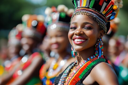 vibrant Somhlolo Day celebration, woman in traditional Swazi attire, cultural dance, and festive decorations, with a focus on the joyful atmosphere and community spirit