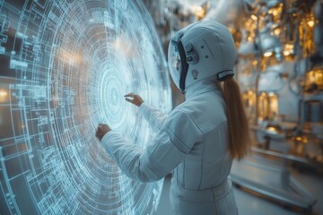 A woman in a white space suit is touching a screen with her finger