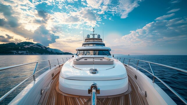 A white and brown yacht with wooden deck sails on a deep blue sea under a blue sky with white clouds. Mountain range in the distance completes the tranquil scene.