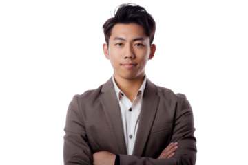 Portrait Asian business man with brown suit and white shirt posing with cross arm isolated on transparent png background.