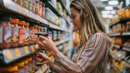 A woman with blonde hair in a supermarket chooses a jar among a variety of sauces, hinting at the varied selection. The scene is lively, with people shopping.