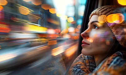 Fototapeta premium Subtle Reflections of a Young Beautiful Woman on a Car Window Moving at High Speed in New York City