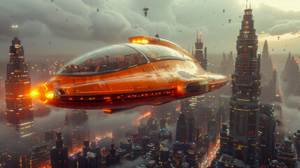 Depict a scene of passengers commuting in a flying car, enjoying a smooth and comfortable journey above the cityscape below.