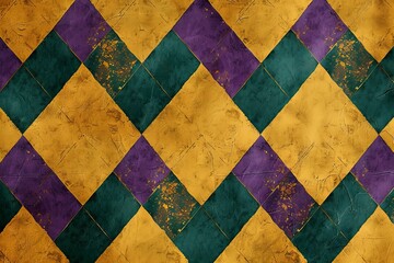 Fototapeta premium A seamless pattern of diamond shapes in yellow, green, and purple colors. The surface is textured, giving the appearance of distressed paint or aged leather.