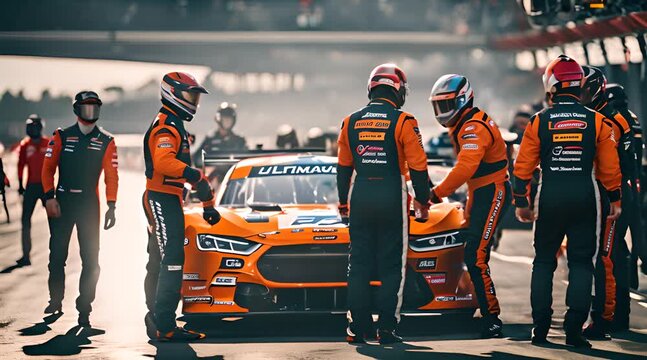Professional Pit Crew in Action at Car Race Pitstop