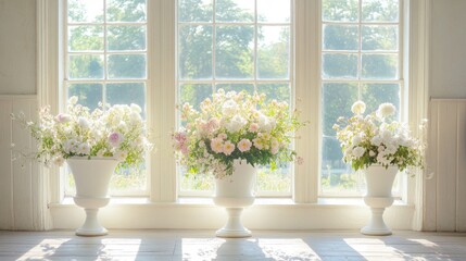 Light floods a room through two large windows, highlighting the beauty of white vases filled with fresh, blooming flowers.