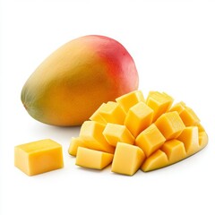 Close up of Mango fruit with mango cubes and slices on an isolated white background