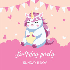 children’s birthday greeting or an invitation card with cute unicorn in pink With clouds and stars	