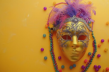 Golden Carnival Mask with Feathers and Beads on Yellow Background.