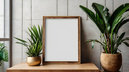 Blank photo frame mockup with tropical Plants on green Wall background, 