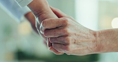Caregiver, senior woman and holding hands for support, empathy and hope after cancer. Nurse, elderly patient and comfort closeup for kindness, medical help and trust, healthcare and rehabilitation