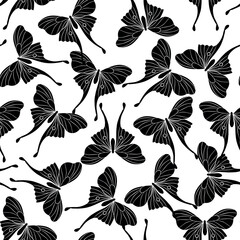 Black moth silhouette on white background seamless pattern