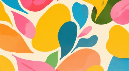 vibrant abstract shapes in various shades of pink, yellow, orange, green, and blue. 