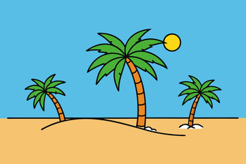Tropical beach with palm trees art vector illustration