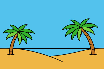 Tropical beach with palm trees art vector illustration