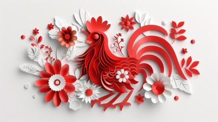 Endearing red rooster paper-cut window sticker with minimalist lines and a flat style, celebrating the Chinese New Year