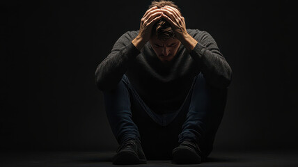 Man sitting alone felling sad worry or fear and hands up on head on black background