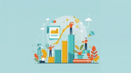 Naklejka premium Entrepreneurial success story, team achieving goals, flat design illustration