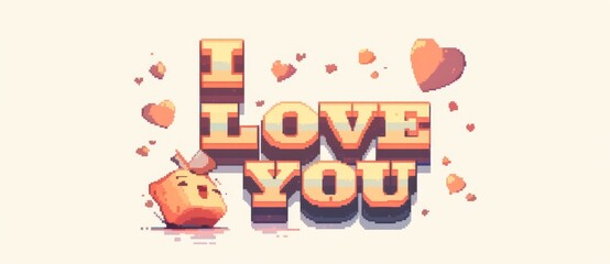 Pixel art style word bubble with "I LOVE YOU" in bold white letters  