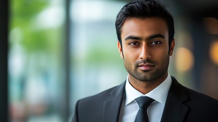 Fototapeta premium Indian Man in a Suit and Tie: A close-up of an Indian man in a well-fitted suit and tie, representing professionalism and sophistication.