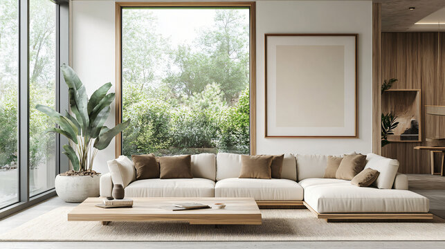 wooden frame with clean edges in a modern living room with large windows