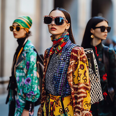 Fototapeta premium Eclectic street fashion during Milan Fashion Week, with models wearing a mix of patterns, bold prints, and oversized sunglasses