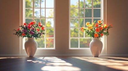 Fototapeta premium Two large windows in a room, each showcasing a white vase filled with vibrant flowers, casting soft shadows on the floor.