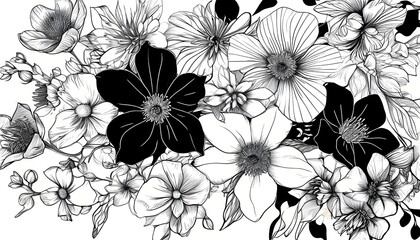 An exquisite black and white flower line drawing depicts the detailed outlines of various flowers.