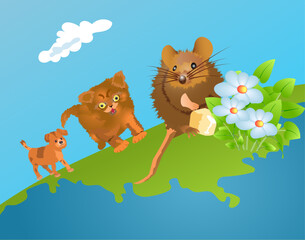 Fototapeta premium Dangerous world. The mouse goes through the world, the kitten follows him, and the dog follows the kitten. Vector illustration.