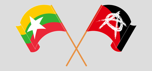 Crossed and waving flags of Myanmar and Anarchy