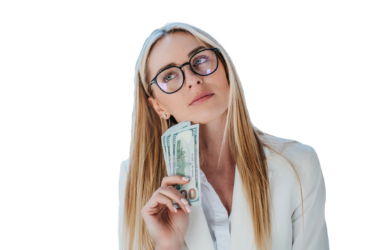 Thoughtful blonde woman in a white suit holding cash, pondering financial decisions. Wearing glasses, isolated on transparent background