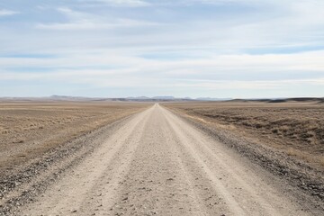 A long gravel road stretches into the horizon, winding through a barren landscape under a bright blue sky with fluffy clouds, inviting exploration and adventure in natures wide, open surroundings