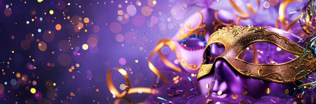 Purple and gold masquerade mask with sparkling confetti and blurry lights on purple background.