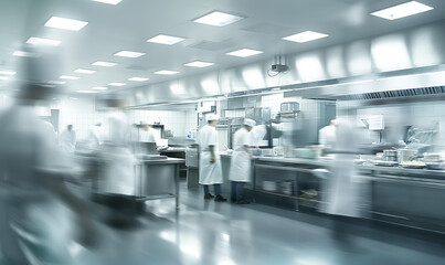 A bustling commercial kitchen with chefs in motion, creating a blurred effect that conveys the fast-paced environment of a professional kitchen