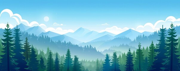Obraz premium Clear skies, evergreen forest, mountainous backdrop, flat design illustration