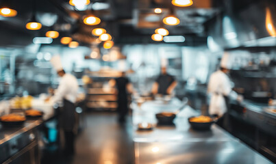 Obraz premium A blurred image of a busy commercial kitchen with chefs in motion, highlighted by warm overhead lighting