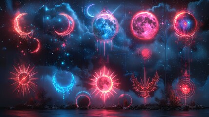 Devise a neon set of eclipse symbols --ar 16:9 --stylize