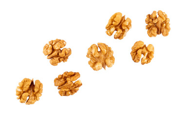 Pile of peeled walnuts, raw nuts closeup, graphic element isolated on a transparent background