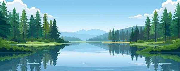 Fototapeta premium Pristine estuary, lined with evergreens, flat design illustration