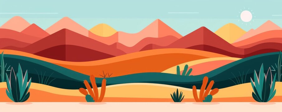 Pristine desert oasis, evergreen backdrop, flat design illustration