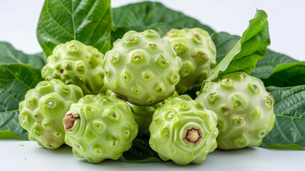 Close-up of noni fruit’s lumpy