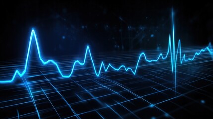 lue ECG line with heart beat graphic vector background, glowing light effect on dark black color clean sharp focus