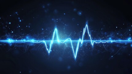 lue ECG line with heart beat graphic vector background, glowing light effect on dark black color clean sharp focus
