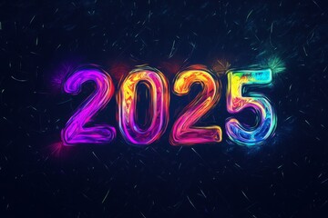 An extremely vibrant representation of the upcoming year 2025, showcasing colorful neon elements on a dark background