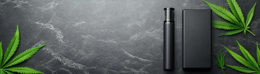 Naklejka premium Stylish vape device with a sleek design, complemented by cannabis leaves on a dark surface. Perfect for modern lifestyle photography.