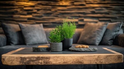 Stylish interior featuring a wooden table, green plants, and cozy sofa, perfect for contemporary home decor inspiration.