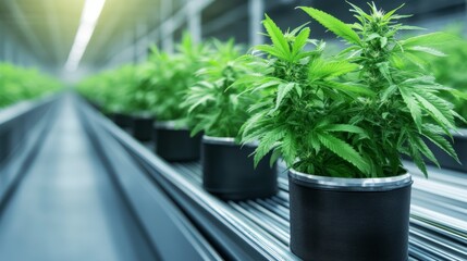 Vibrant cannabis plants growing in pots under controlled lighting in a modern cultivation facility.