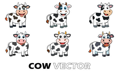 Set of cute cartoon cows in various poses vector illustrator.
